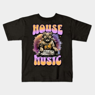 HOUSE MUSIC  - Feline Dj on Decks (pink/orange) Kids T-Shirt